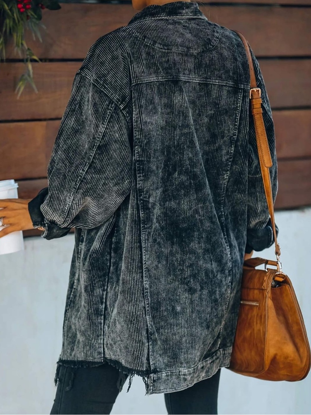 Women's Oversized Button Down Corduroy Shirt Jacket Coat Washed Retro Shacket - Picture 3 of 12